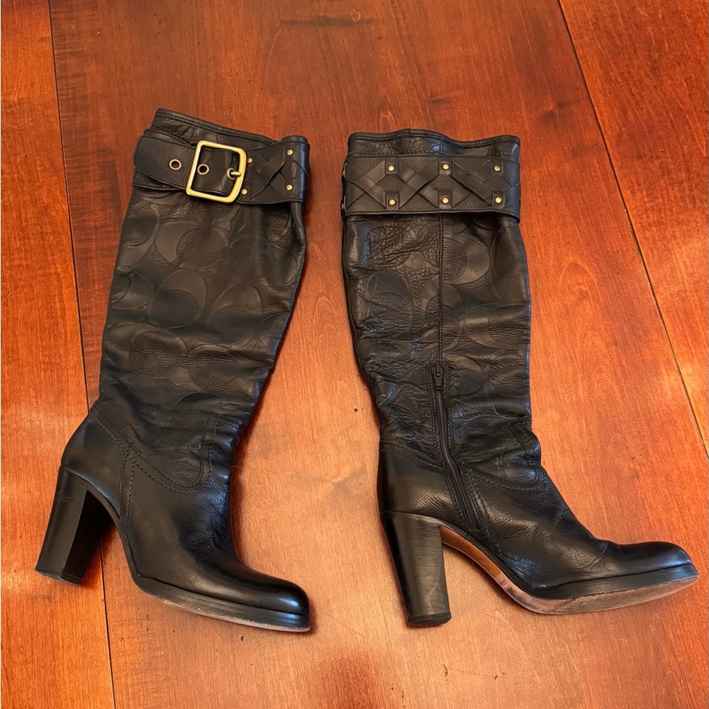 COACH Meadow Q220 Italy Signature Embossed Tall Black Leather Boots